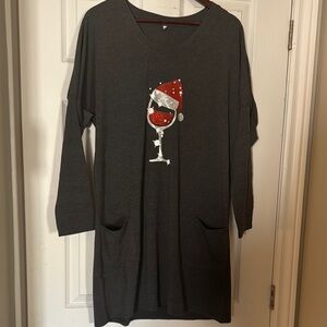 Gray Long Sleeve Dress with Santa Wine Glass Design
